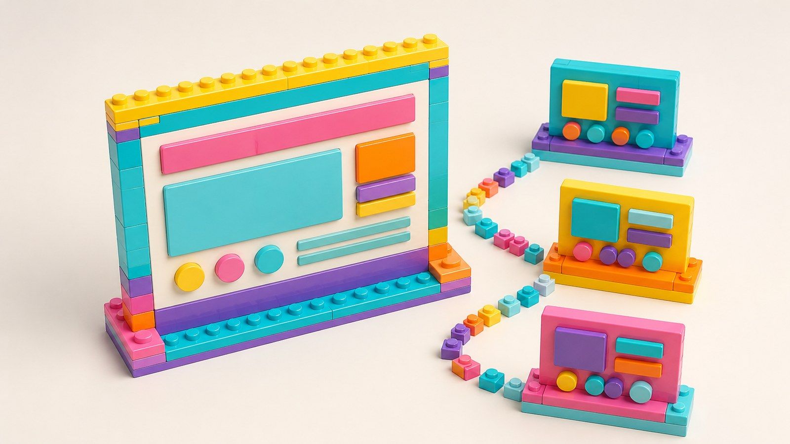 Colorful building blocks form a large web page, linked by a trail of stones to three small ad boards