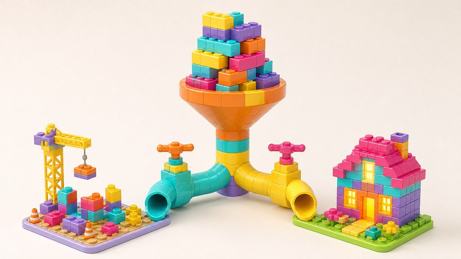 Colorful blocks flow through a funnel into two pipes with taps: a building site on the left, a finished house on the right