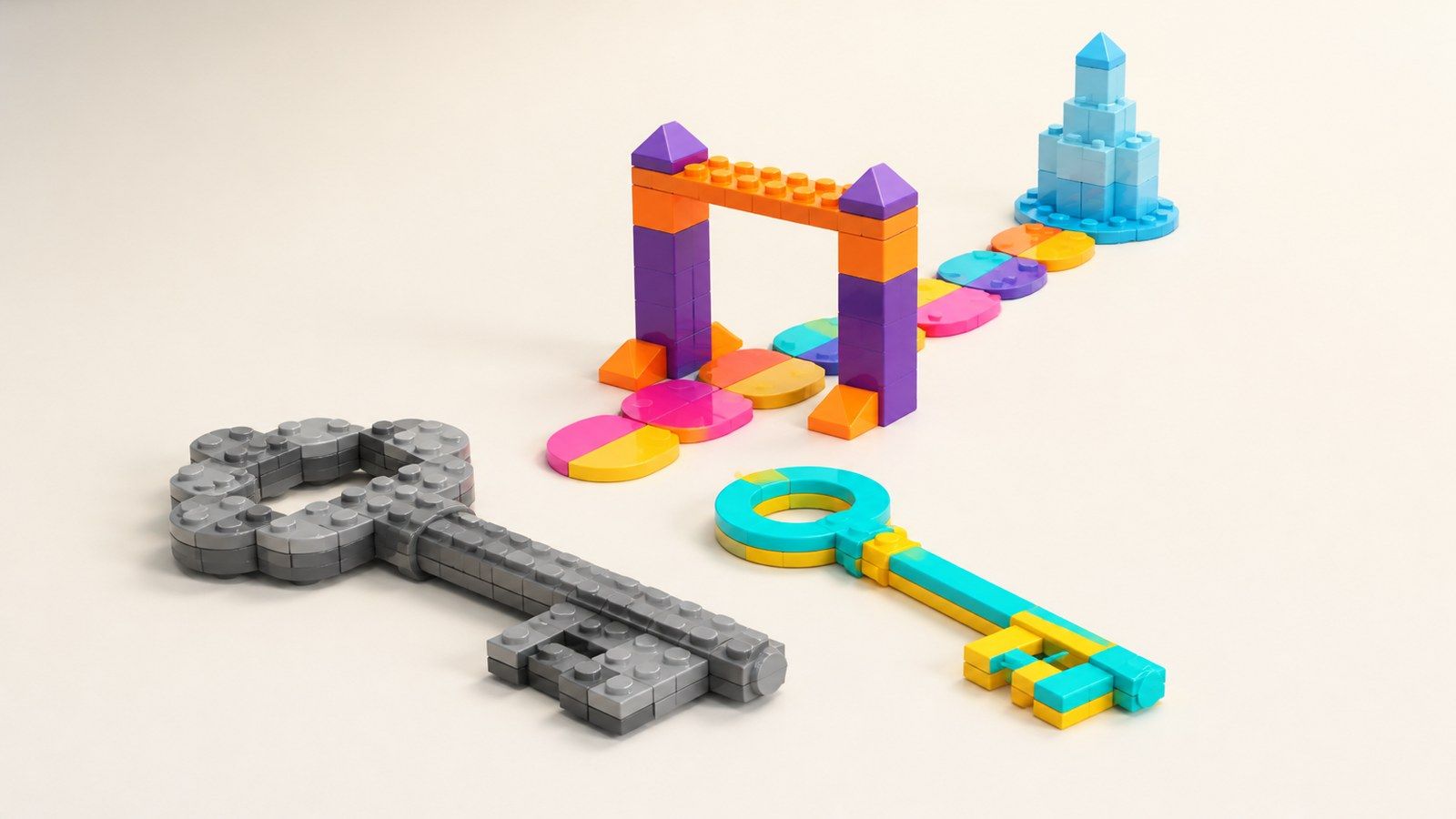 Zwei Schlüssel aus Spielzeugbausteinen, alt in Grau und neu in Türkis und Gelb, dahinter ein Tor und ein Weg zu einem Turm