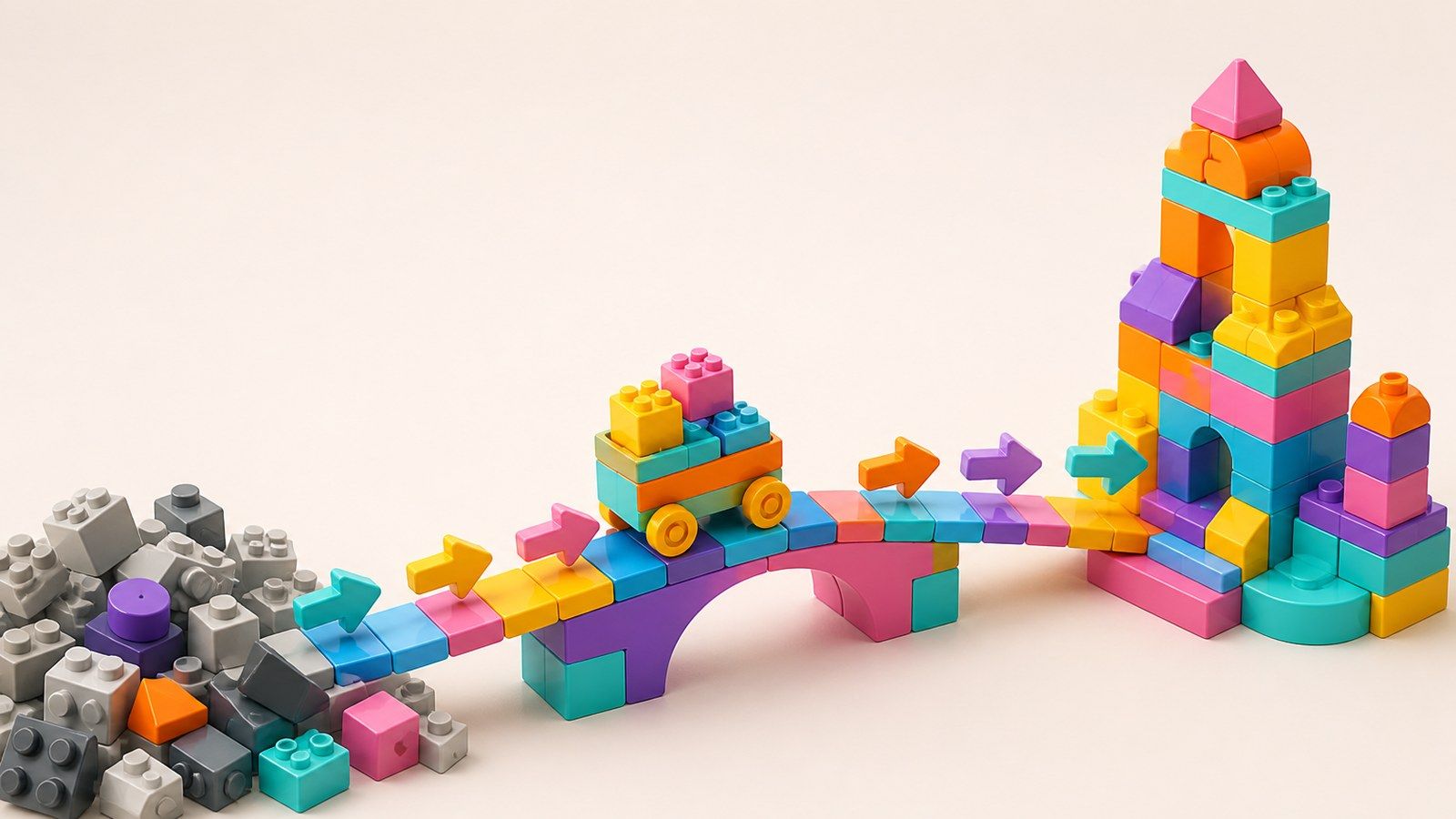 Ein Wagen aus Spielzeugbausteinen fährt über eine Brücke mit Pfeilen von einem grauen Bausteinhaufen zu einem bunten Turm
