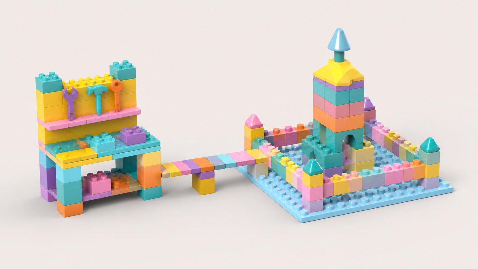 Toy building blocks: a workbench with tools, linked by a bridge to a walled tower on its own base plate