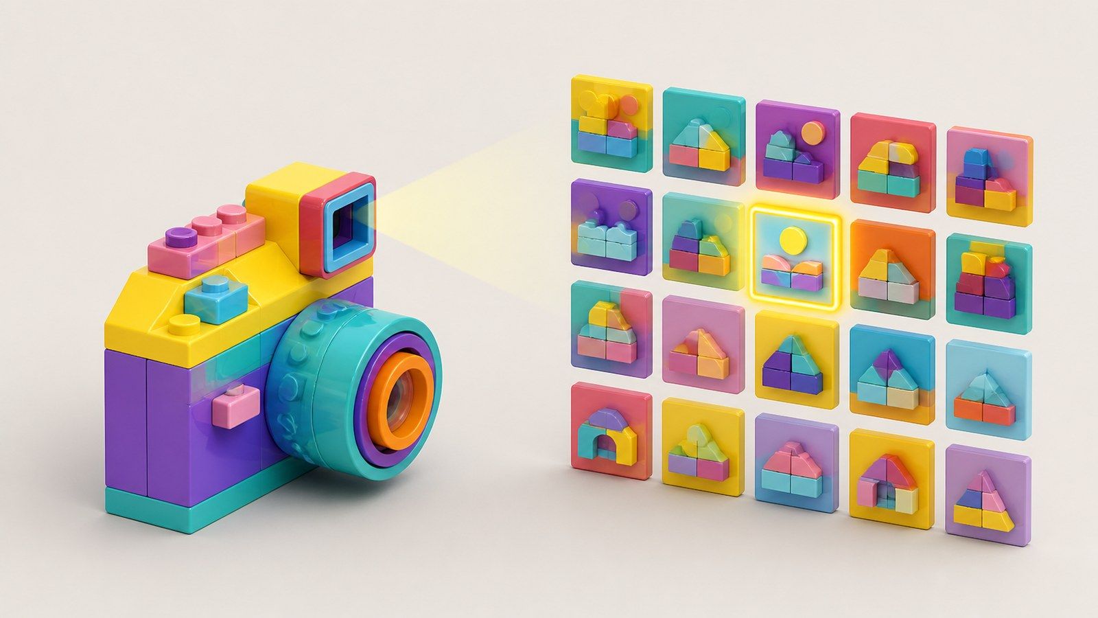 Camera built from colorful toy bricks, its beam of light hitting a highlighted tile in a grid of image tiles
