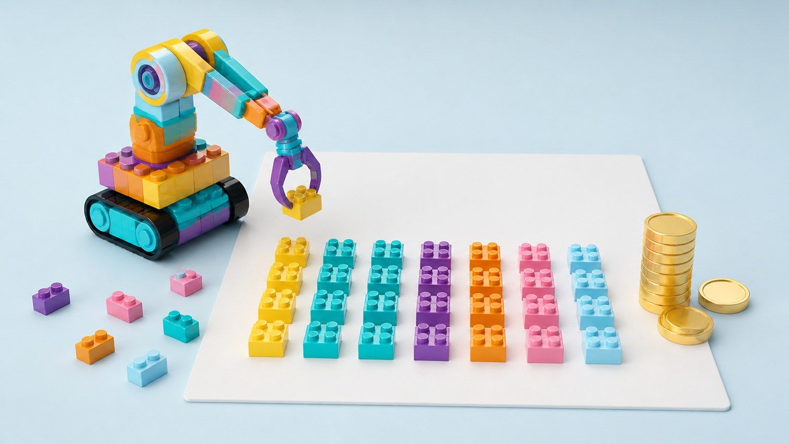 Robot arm made of colorful toy bricks sorting bricks into rows on a white surface, gold coins beside it