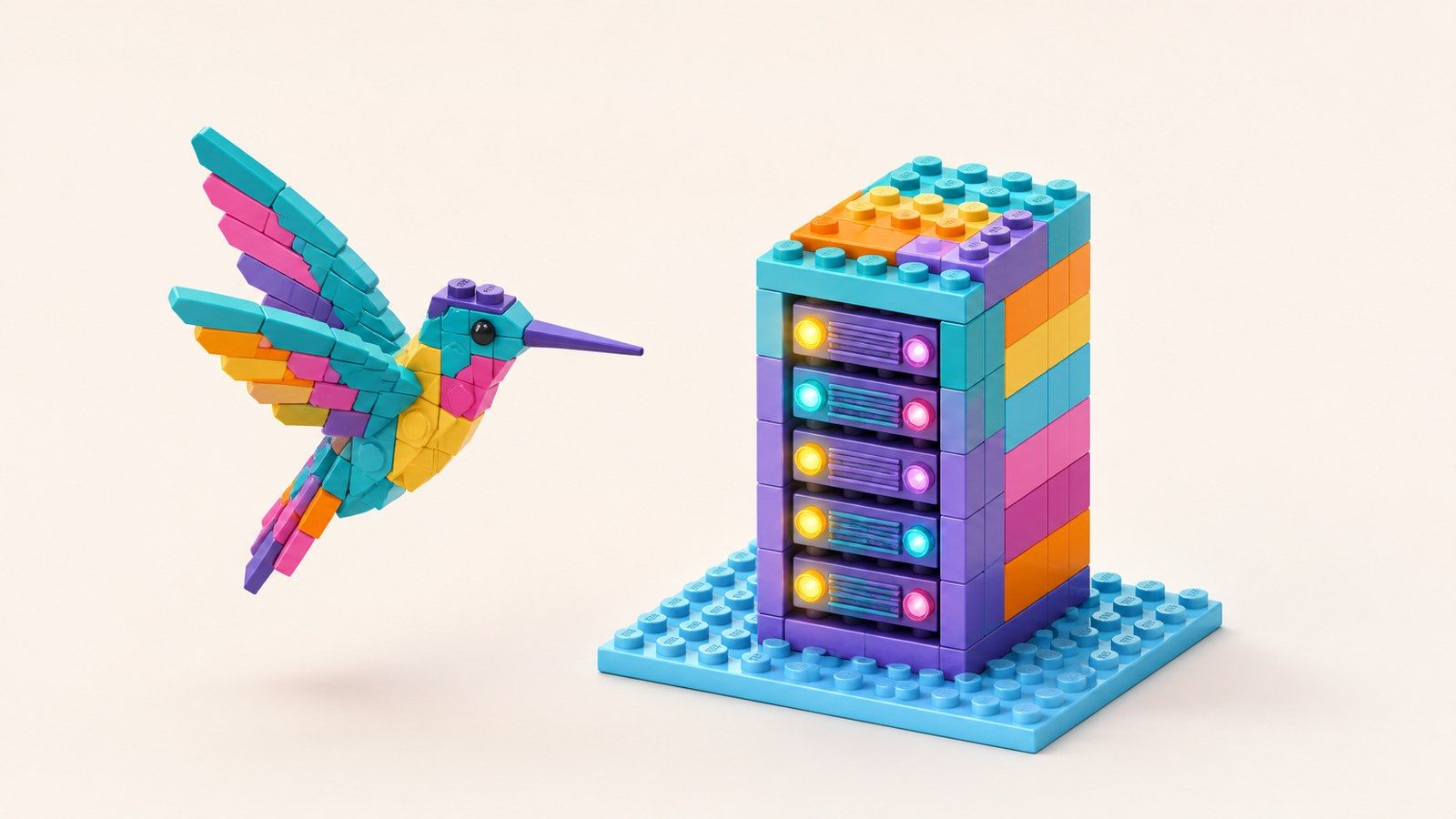 Kolibri aus bunten Spielzeug-Bausteinen schwebt neben einem Serverturm aus Bausteinen auf hellblauer Grundplatte